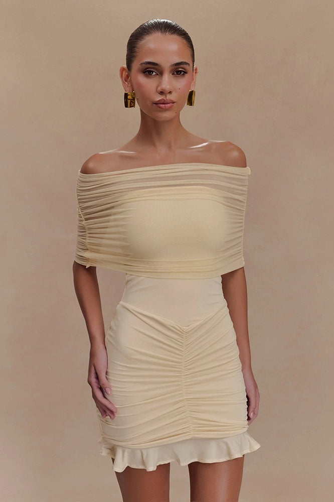 Off Shoulder Mesh Band Ruched Ruffle Hem Bodycon Mini Dress
