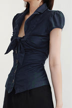 Commuter Preppy Bow Tie Button Down Blouse