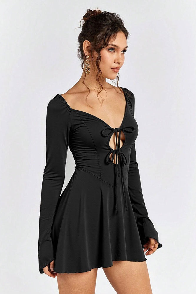 Sweetheart Tie Front Cutout Bell Sleeve Ruffle Hem Mini Dress
