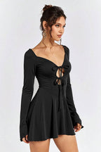 Sweetheart Tie Front Cutout Bell Sleeve Ruffle Hem Mini Dress