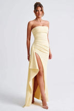 Strapless Ruched Fold Thigh Slit Draped Panel Maxi Dress