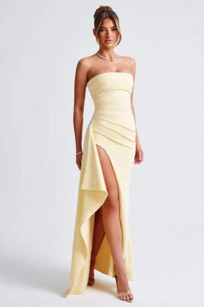 Strapless Ruched Fold Thigh Slit Draped Panel Maxi Dress