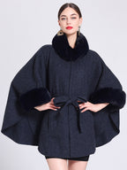Women Poncho High Collar Light Gray Oversized Faux Fur Cape