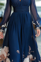 Floral Print Patchwork Mesh Long-sleeved V-neck Fitted Waist Maxi Dress