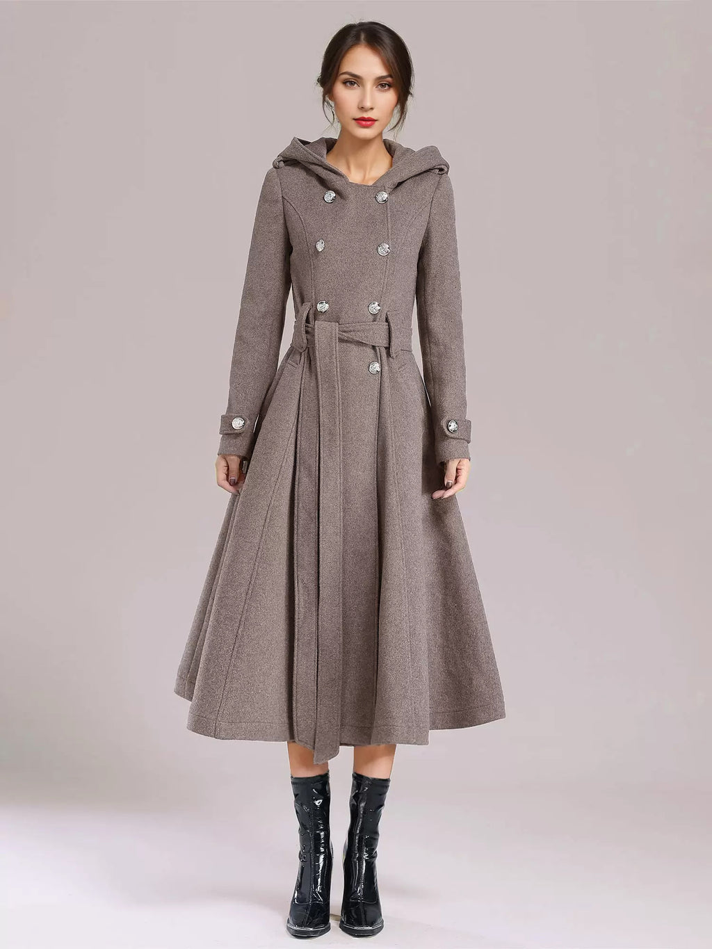 Double-breasted Woolen Coat With Hood Burgundy Belted Winter Long Outerwear For Women 2026