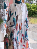 Casual Floral Printing  Long Cardigan Wide-leg Trouser Suit