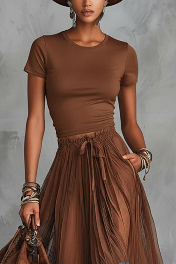 Stylish Round Neck Short-sleeved Fitted Top and Elastic Waist Pockets Lace Hem Maxi Skirt Set