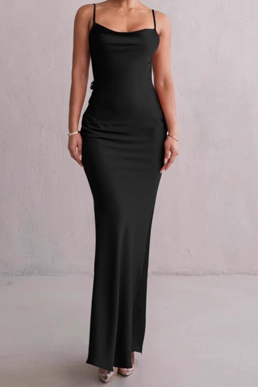 Satin Cowl Neck Spaghetti Strap Bodycon Maxi Dress