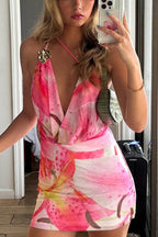 Abstract Print Satin Asymmetrical One Shoulder Draped Cowl Neck Mini Dress