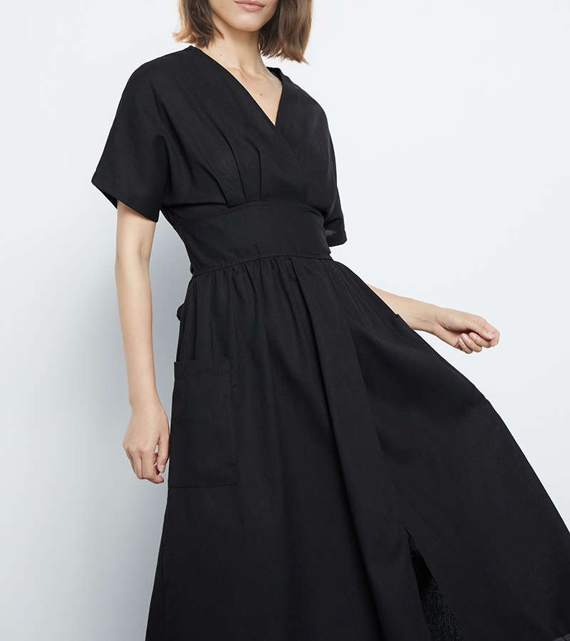 Women's Fashion V Neck Belted High Waist Short Sleeves  Linen Dress