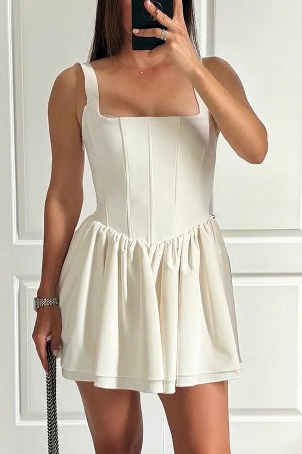 Velvet Square Neck Corset Seam Gathered Fit and Flare Mini Dress