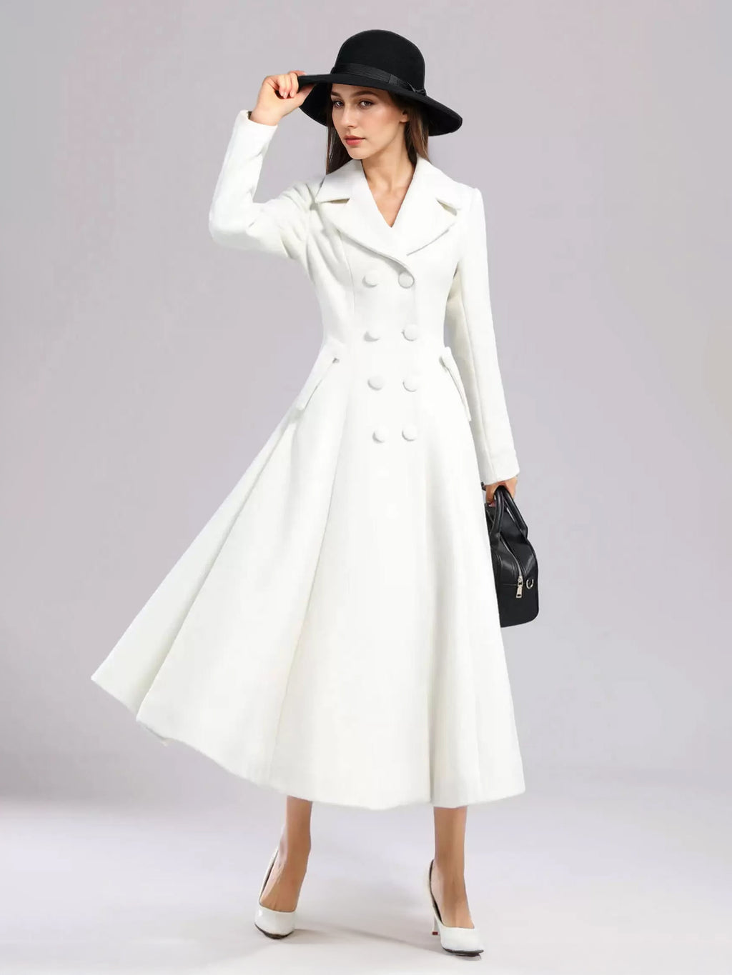 White Woolen Flared Coat For Woman Wide Lapel Double-breasted Winter A-line Midi Outerwear 2026
