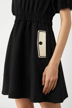 Contrast Scalloped Collar Puff Sleeve Patch Pocket Fit and Flare Mini Dress