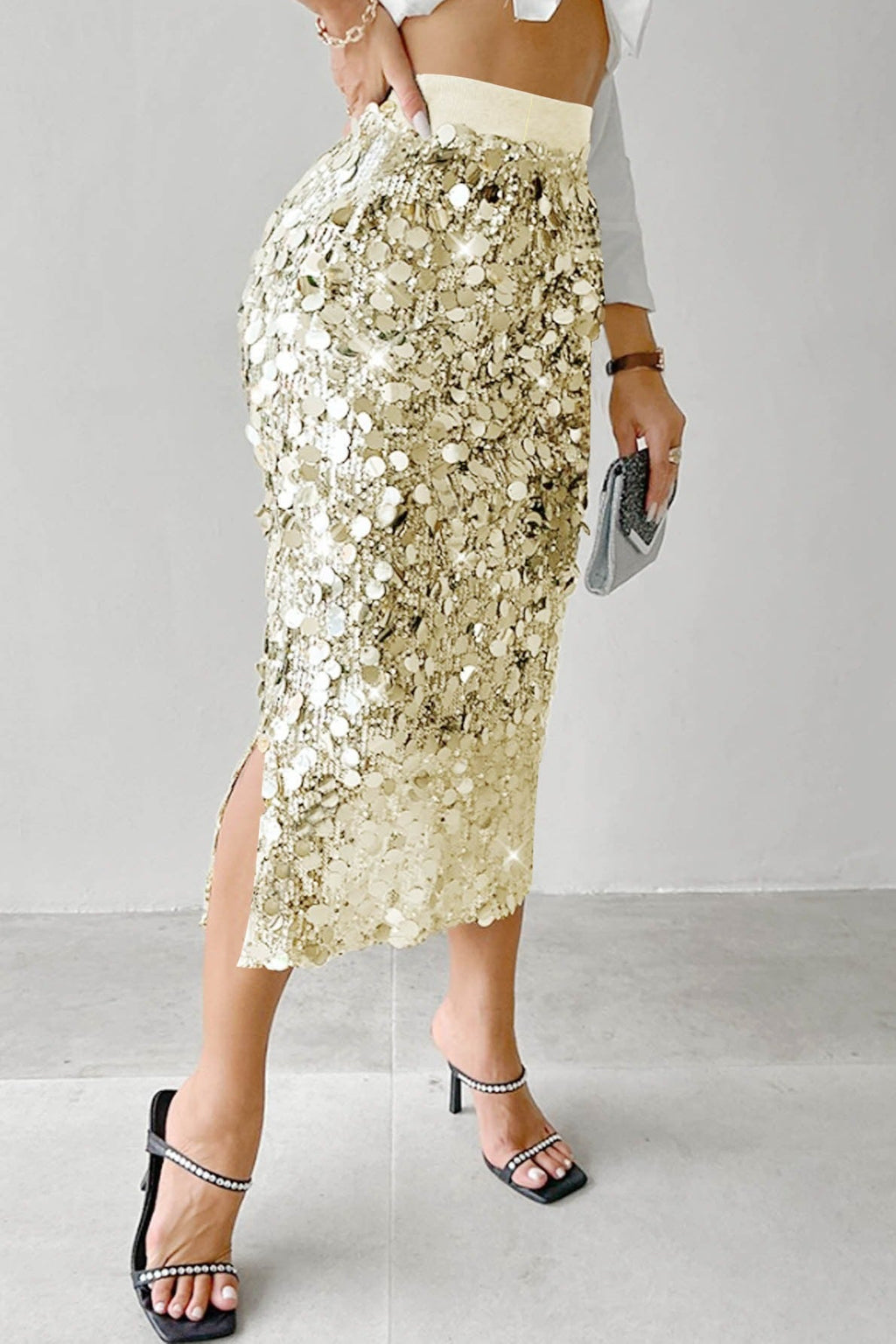 Solid Sequin High Waist Midi Skirt