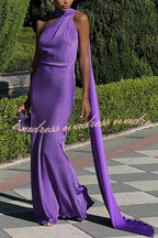 Crush on You Satin One Shoulder Backless Cape Maxi Dress