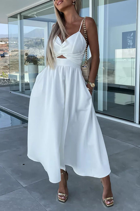 Twist Front Cutout Spaghetti Strap Pocket Side Slit A-Line Midi Dress