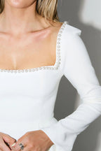 Pearl Embellished Square Neck Long Sleeve Fit and Flare Mini Dress