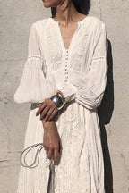 Floral Embroidered V-Neck Button Front Puff Sleeve Maxi Dress