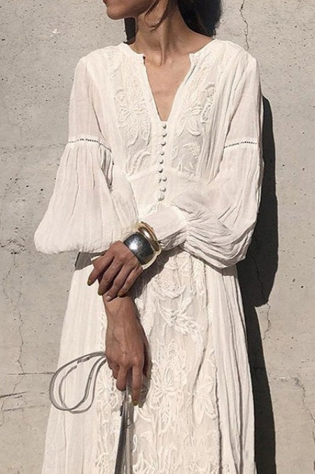 Floral Embroidered V-Neck Button Front Puff Sleeve Maxi Dress
