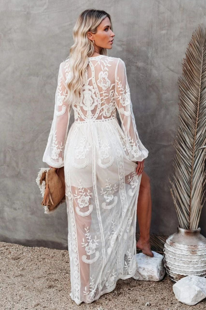 Deep V Neck Long Sleeve Floral Embroidered Mesh High Slit Maxi Dress