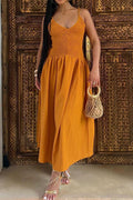 Smocked Bodice Crinkle Texture Spaghetti Strap V-Neck Maxi Dress