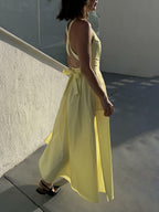 Square Neck Spaghetti Strap Tie Waist Pocket Maxi Dress