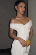 Off Shoulder Ribbed Knit Wrap Sweetheart Bodycon Midi Dress