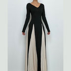 Long sleeve v neck contrast patchwork maxi dress  | Festival Outfits Women