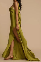 Spaghetti Strap Cowl Neck Thigh Slit Satin Maxi Dress