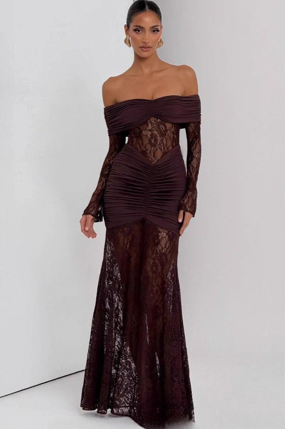 Lace Off Shoulder Long Sleeve Ruched Panel Cut Out Mermaid Maxi Dress