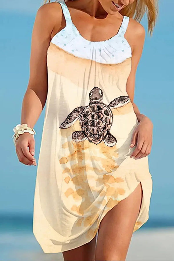 Sea Turtle Print Scoop Neck Tank Side Slit Beach Mini Dress
