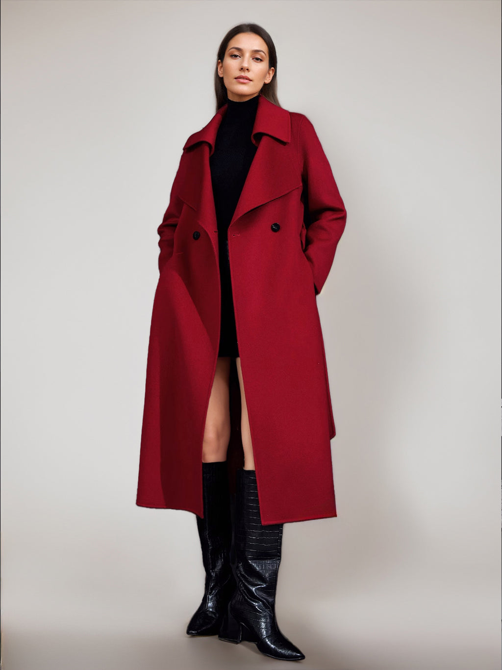 Red Wool Cashmere Blend Coat For Woman Burgundy Double-breasted Double-Faced Winter Outerwear 2026