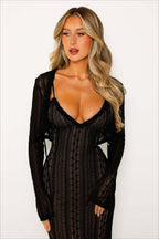 Lace Long Sleeve Tie Front Deep V-Neck Ruffle Trim Bodycon Maxi Dress
