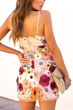 Mesh 3D Floral Applique Spaghetti Strap Bodycon Mini Dress