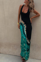 Tie Dye Print Halter Strappy Back Bodycon Maxi Dress