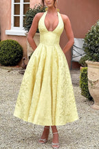 Jacquard Halter Neck Deep V-Neck Bustier Pleated A-Line Midi Dress