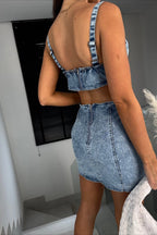 Wide Strap Corset Bodice Waist Cutout Acid Wash Denim Bodycon Mini Dress