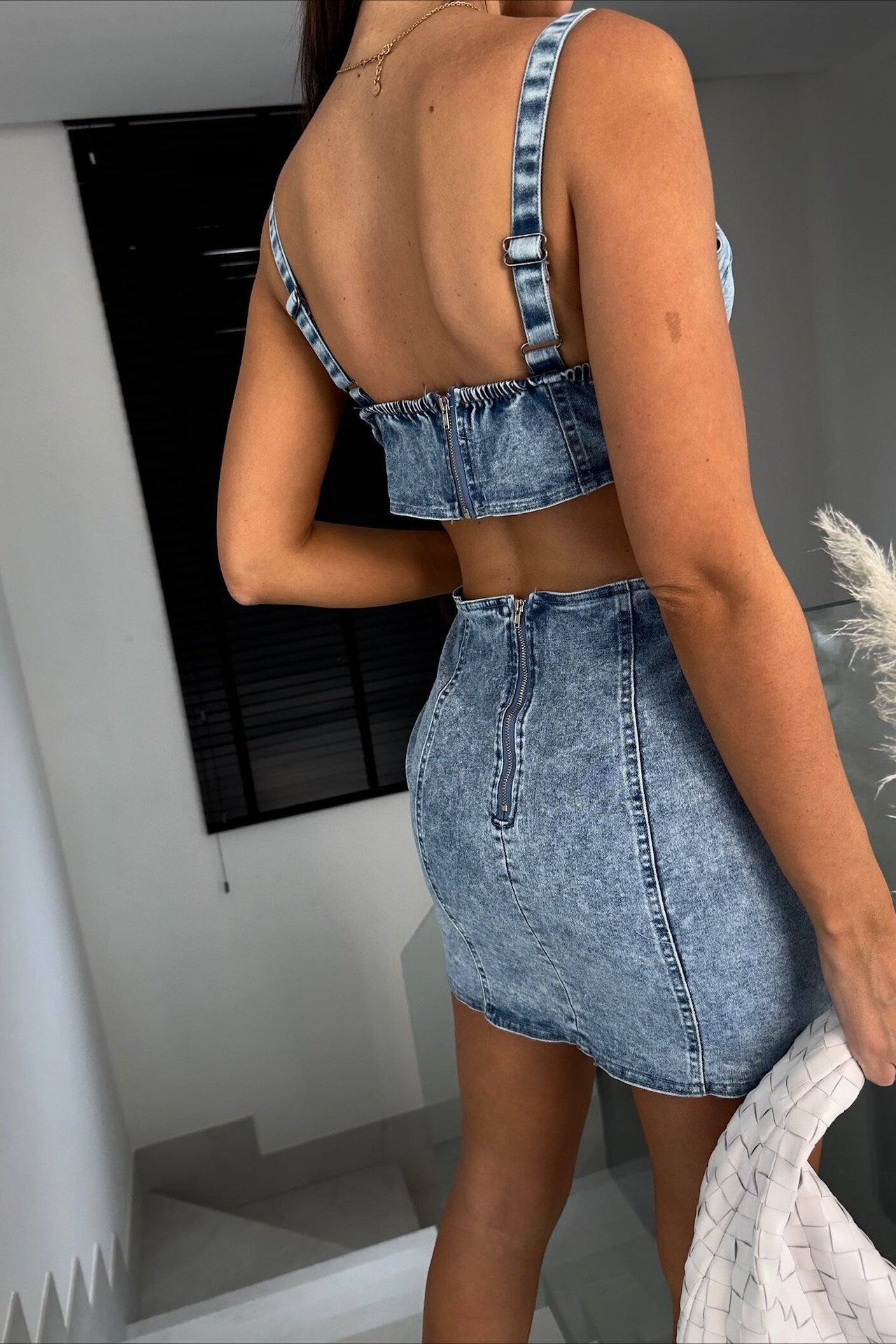 Wide Strap Corset Bodice Waist Cutout Acid Wash Denim Bodycon Mini Dress