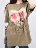 Cat Print Drawstring Oversized Short Sleeve Tee