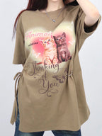 Cat Print Drawstring Oversized Short Sleeve Tee