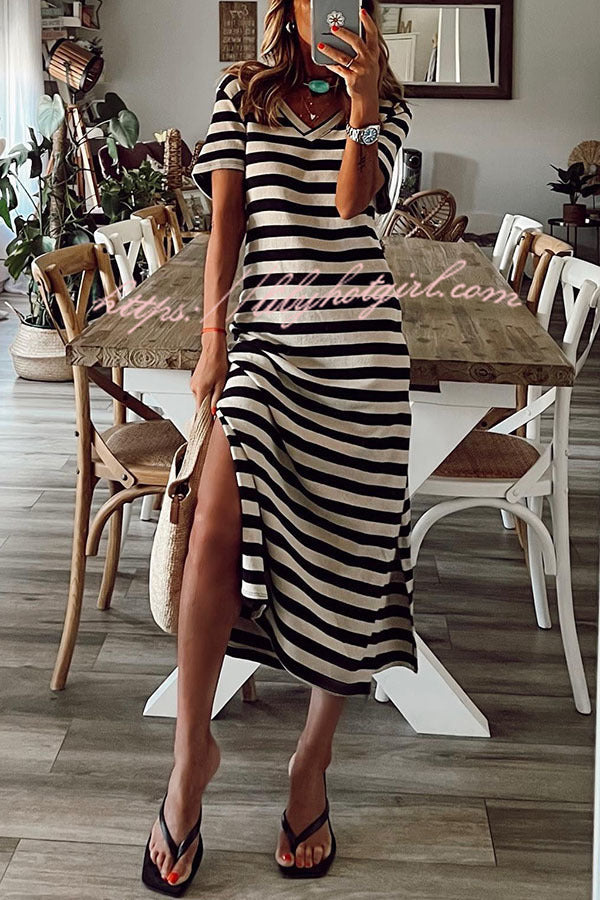 Stripe V Neck Short Sleeve Side Slit Maxi Dress