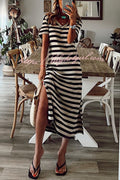 Stripe V Neck Short Sleeve Side Slit Maxi Dress
