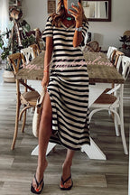 Stripe V Neck Short Sleeve Side Slit Maxi Dress