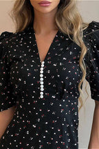 V Neck Ruffled High Waist Short Sleeve Floral Dress