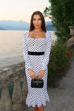 Polka Dot Puff Shoulder Long Sleeve Waistband Ruffle Hem Midi Dress