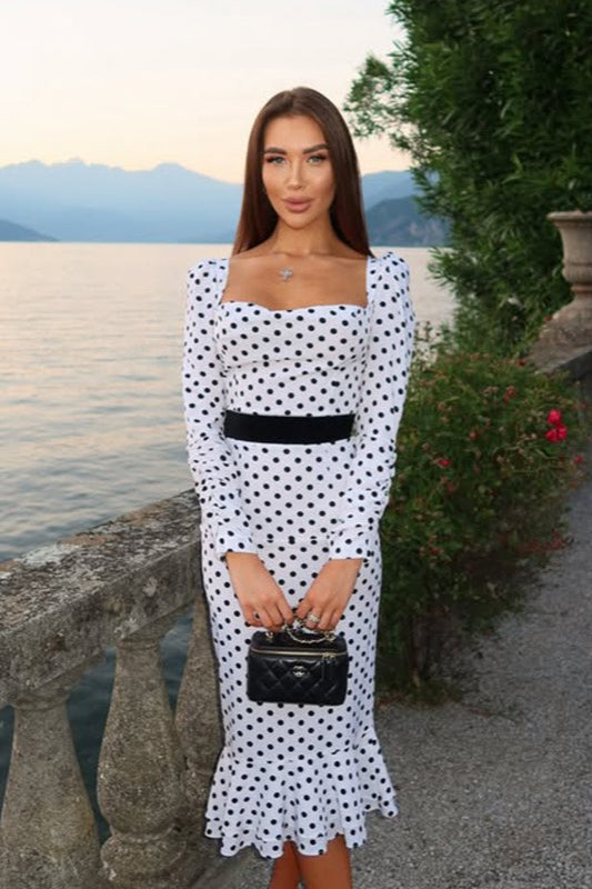 Polka Dot Puff Shoulder Long Sleeve Waistband Ruffle Hem Midi Dress