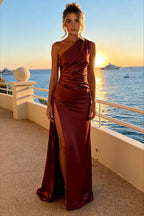 Satin One Shoulder Ruched Waist High Split Maxi Dress