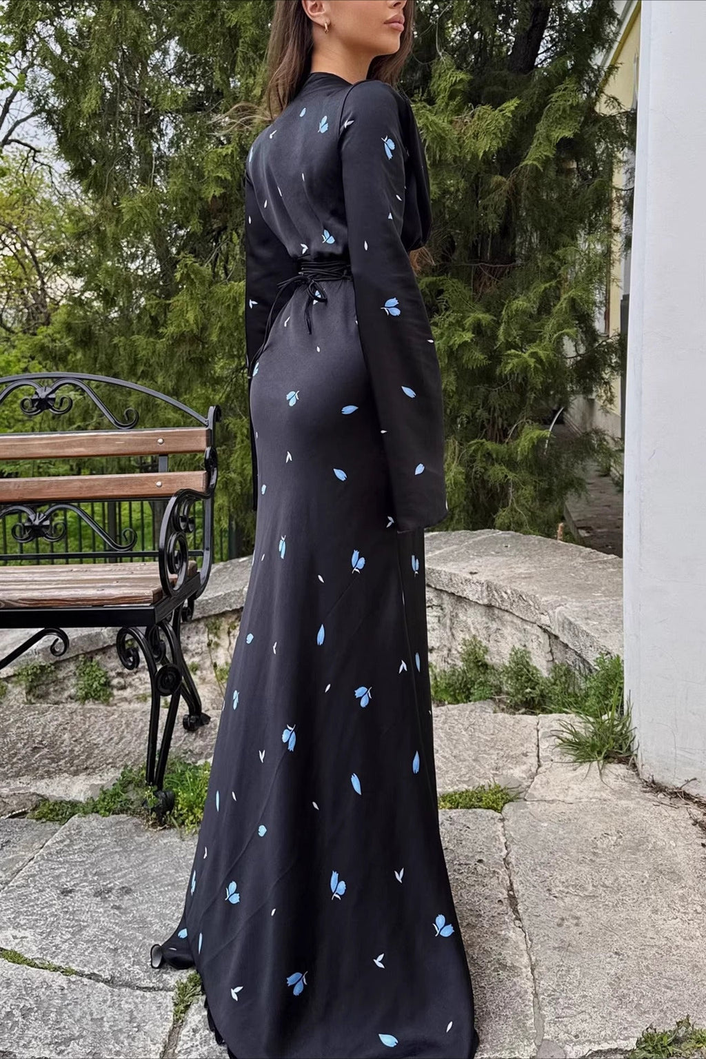 Deep V Neck Flared Sleeve Tiered Maxi Floral Print Dress