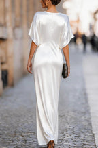 Solid Color Round Neck Short-sleeved Elegant Draped Maxi Dress