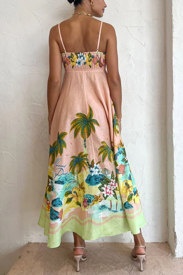 Tropical Palm Print Scallop Trim Spaghetti Strap Maxi Dress